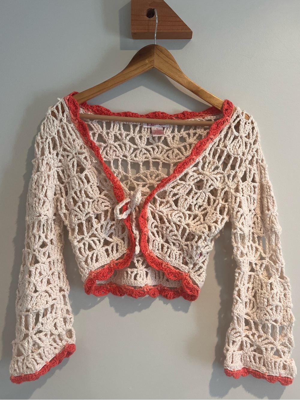 Nine & Co Beige Ivory Coral Orange Crochet Cotton Sweater Tie Front Crop Large